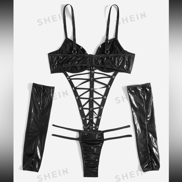 Grunge Punk Solid Lace Up Cut Out Teddy Bodysuit & 1pair Oversleeves, Lingerie - Picture 2 of 5